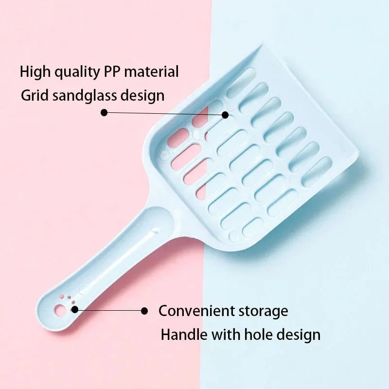 Blue plastic cat litter scoop on a white background.