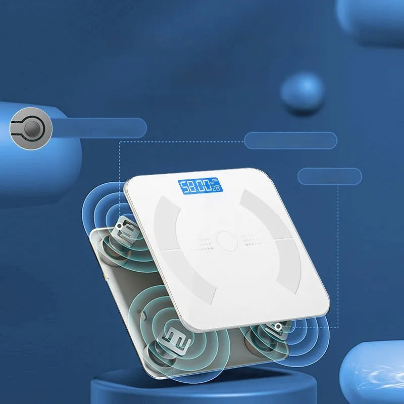 Smart Bluetooth body fat scale in white, black or pink showing weight and body composition readings