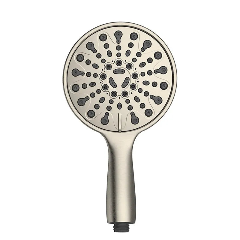 Six-function handheld shower head with electroplated metallic finish
