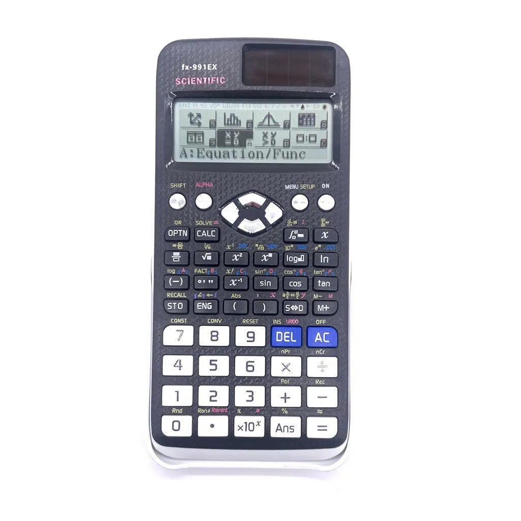 991EX scientific calculator with solar panel in black, blue, or pink colour options