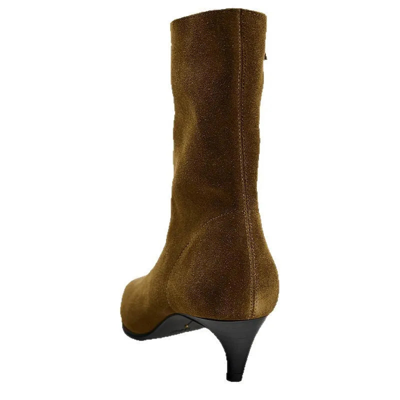 Women's brown square toe mid-calf boots with side zipper and retro kitten heel on wooden floor