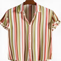 Men's digital printed short sleeved polyester shirt in summer colours with modern pattern design