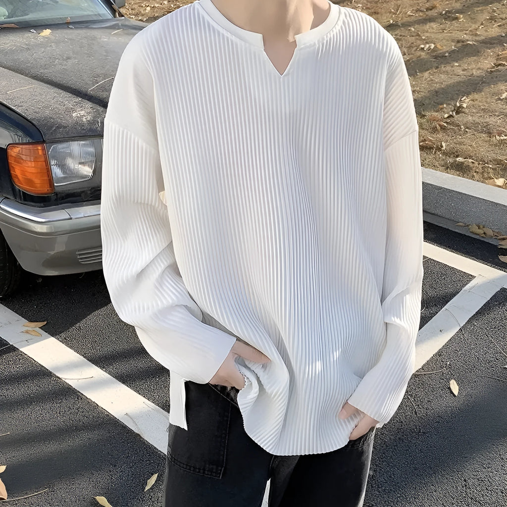 Plus size striped texture pullover top in loose fit with long sleeves