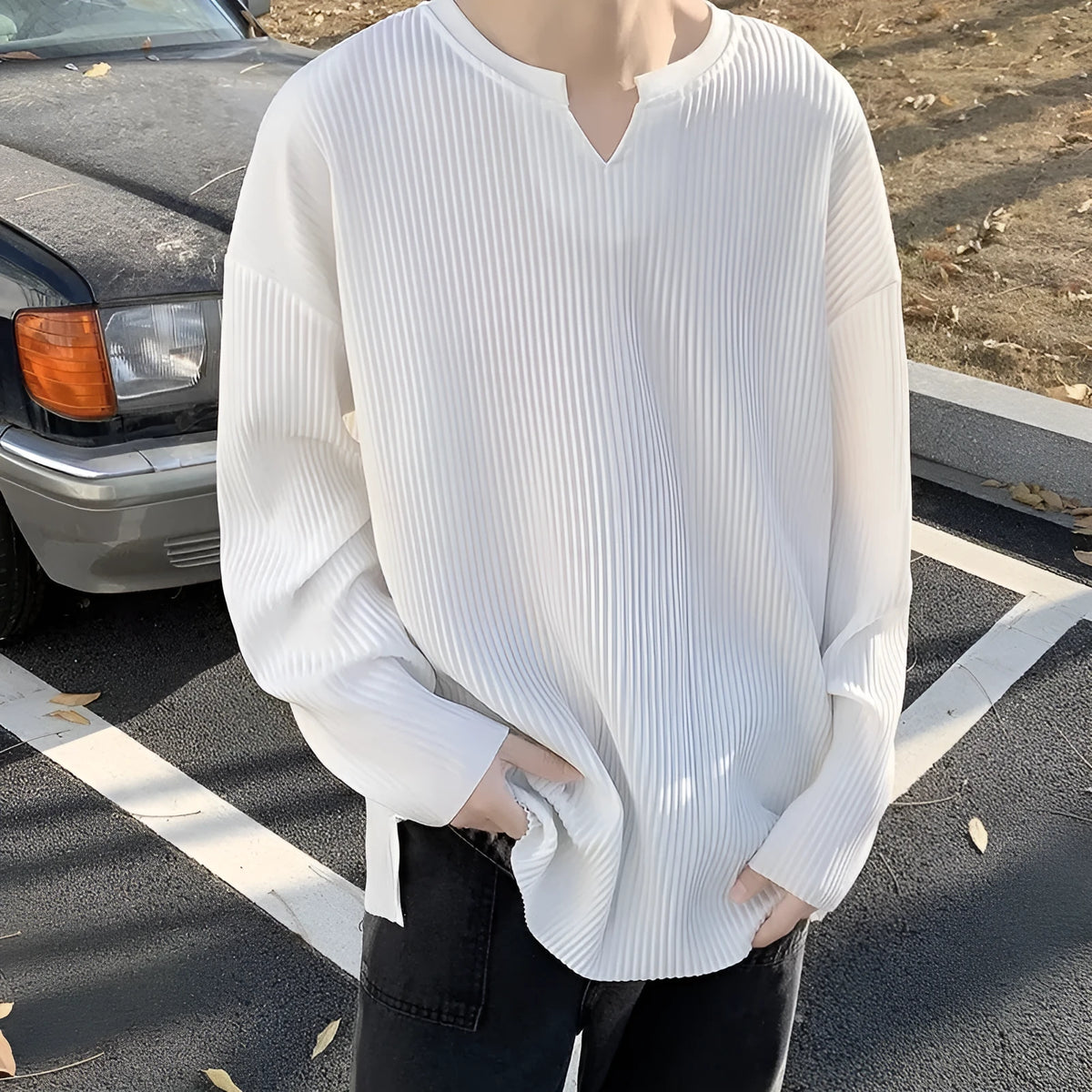 Plus size striped texture pullover top in loose fit with long sleeves