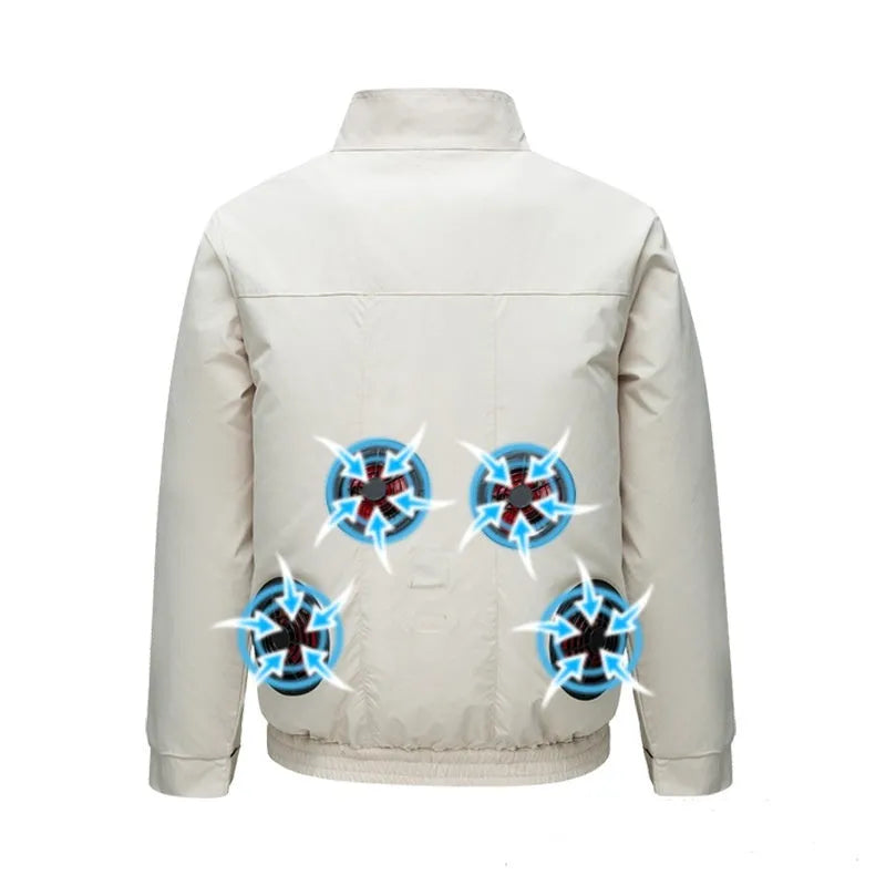 Men's black air conditioning jacket with multiple vent holes and integrated fan system for outdoor cooling.