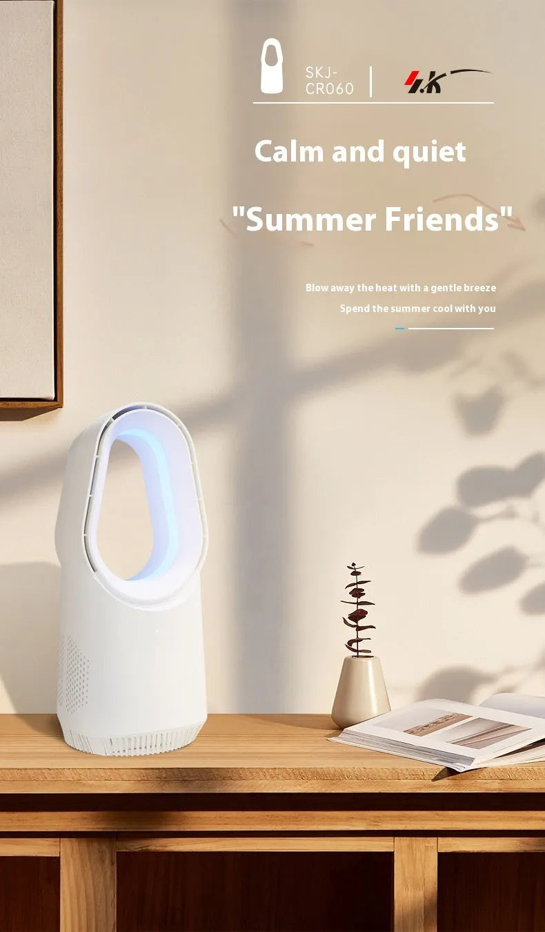 White SK bladeless tower fan with a remote control on a wooden floor next to a desk.