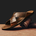 Men's black and brown genuine pigskin leather slip-on sandals with rubber soles