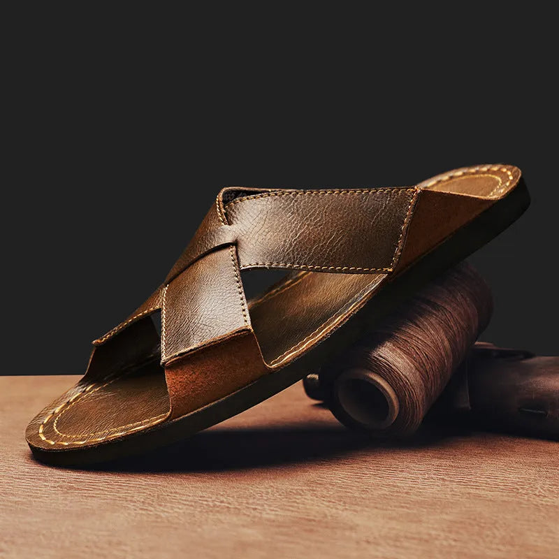 Men's black and brown genuine pigskin leather slip-on sandals with rubber soles