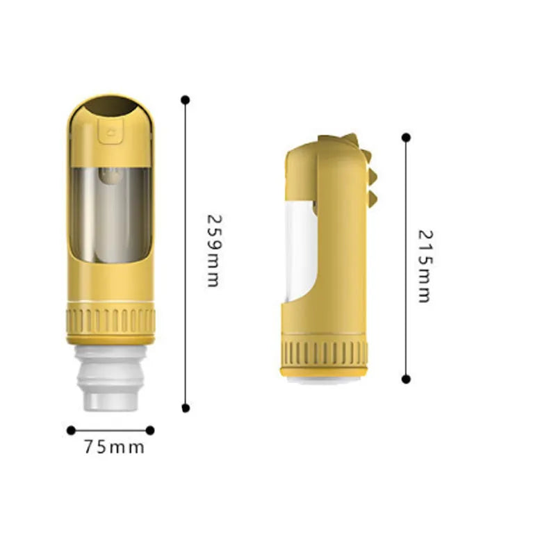 Portable dog water bottle with built-in bowl showing leak-proof mechanism and measuring 215mm