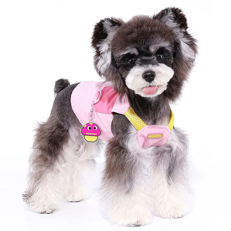 Pink polyester pet vest for a small dog on a mannequin, showing casual styling.