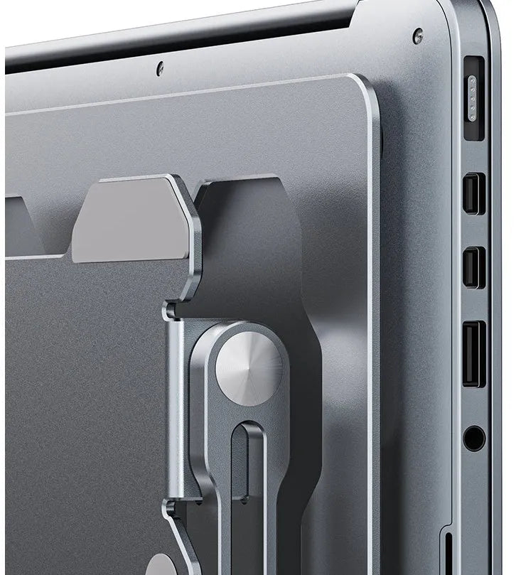 Grey adjustable aluminium laptop stand showing hollow construction and silicone protection pads