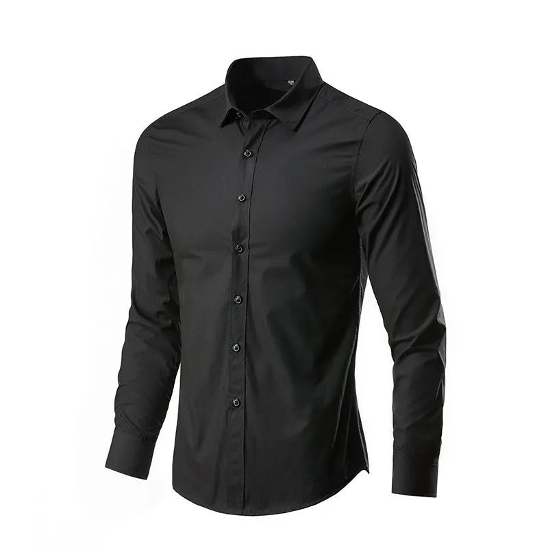 Loose fit long-sleeve linen shirt on a hanger, shown in a light colour.