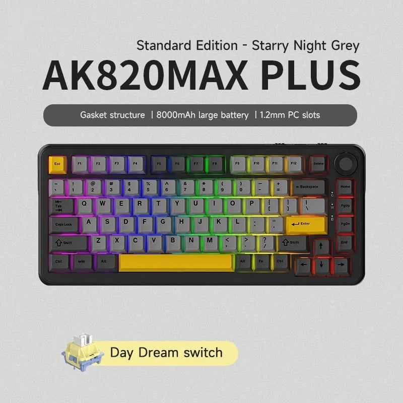 Three-mode mechanical keyboard with wireless hot-swap design in black, grey, or yellow colour options