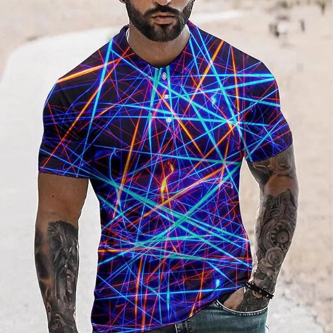Men's short sleeve sport shirt with 3D printing design and lapel buttons in bird eye polyester fabric