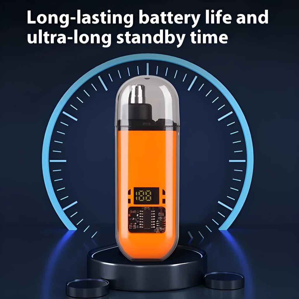 Rechargeable nose hair trimmer with digital display, removable cutter head, and cleaning brush on a white background.
