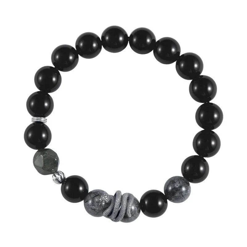 Men's S925 sterling silver snake bracelet with obsidian black hair crystal retro design