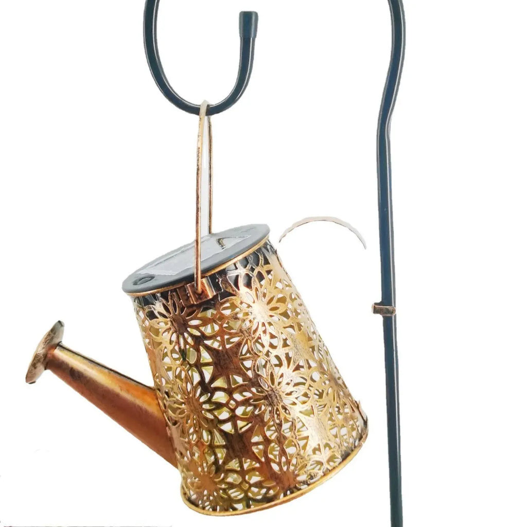 Solar butterfly kettle garden light with wrought iron construction and decorative design
