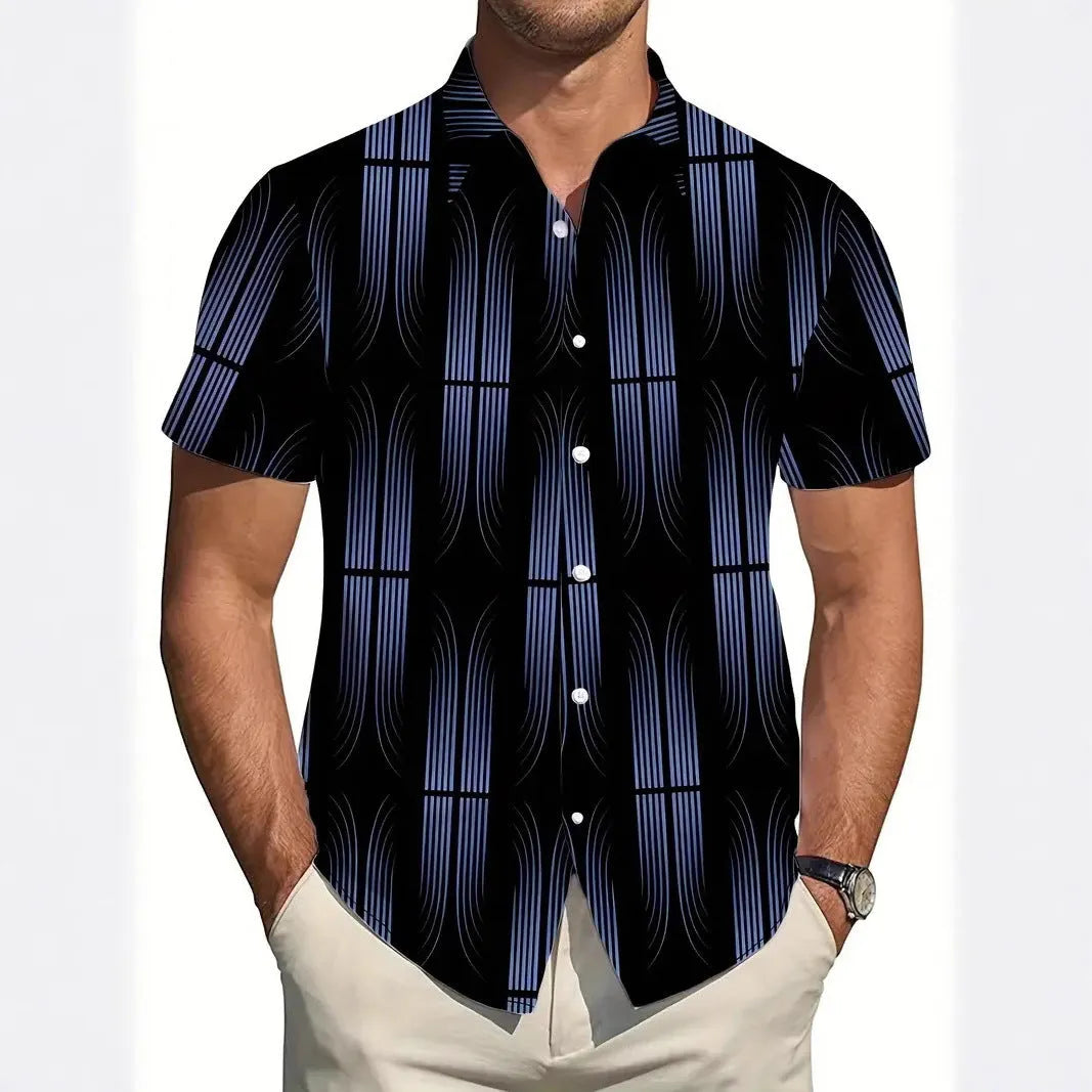 Men's geometric line print short sleeve shirt in slim fit polyester for summer casual wear