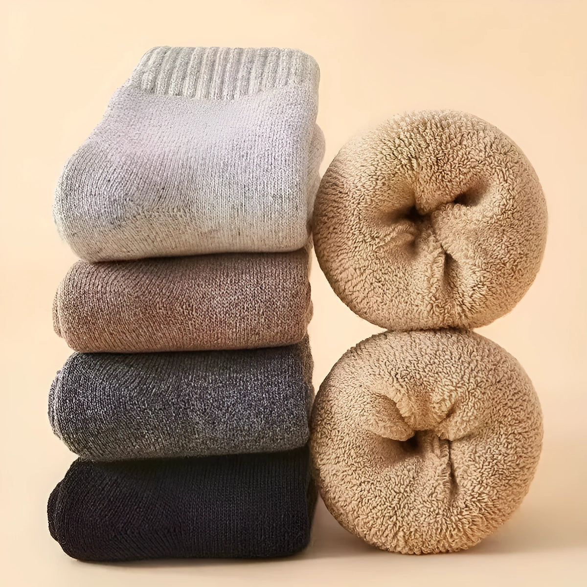 Thick wool winter socks with merino midsole in cashmere black, khaki, light grey, or dark grey colours