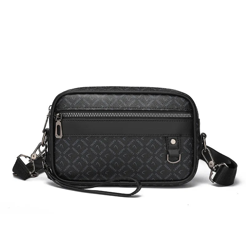 Men's geometric pattern shoulder messenger bag in PU leather with large capacity and horizontal design