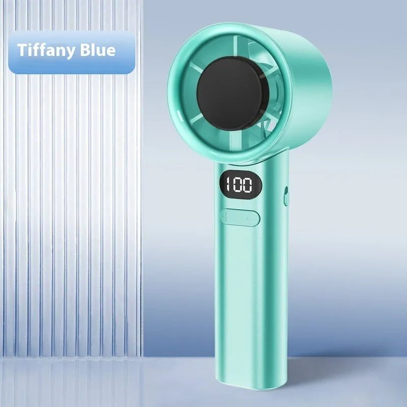 USB rechargeable handheld fan in green colour showing variable speed control and six plastic blades.
