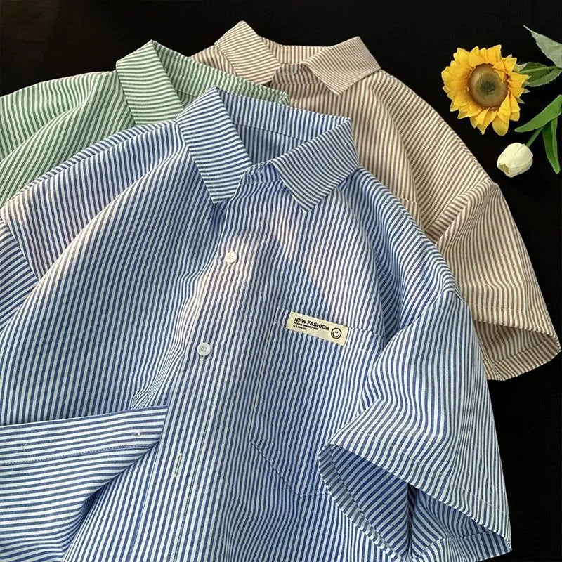 Loose plus size half sleeve striped shirt in blue or green colour