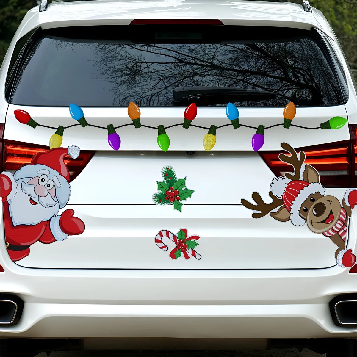 Medium Christmas elk cartoon reflective magnetic sticker with 6-thread design on a metallic surface.