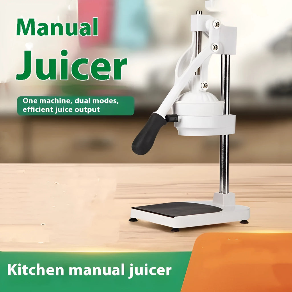 Manual stainless steel and nylon orange juice juicer on a counter, showing flat mold and colour options.
