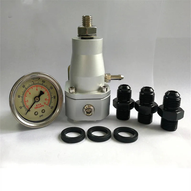 Black CNC aluminium fuel pressure regulator with adjustable 30-70psi range and oil strap for mounting