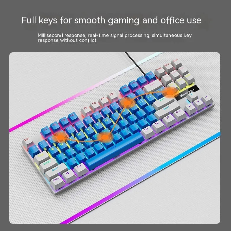 K87 tenkeyless mechanical keyboard with metal frame, shown in a Blue White colour option with Green switches.