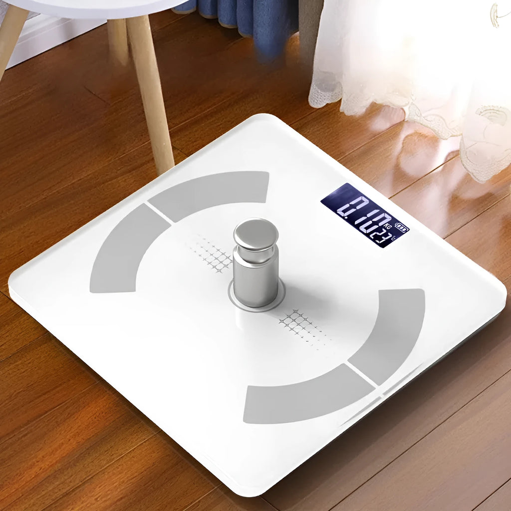 Smart Bluetooth body fat scale in white, black or pink showing weight and body composition readings
