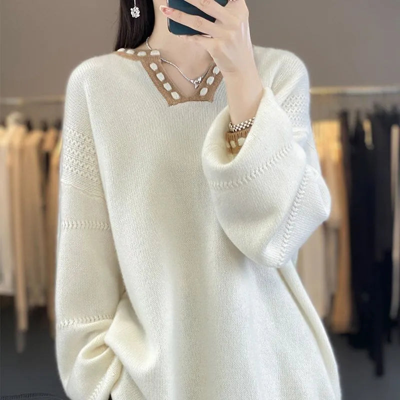 Women's camel colour V-neck viscose fibre pullover sweater with long sleeves