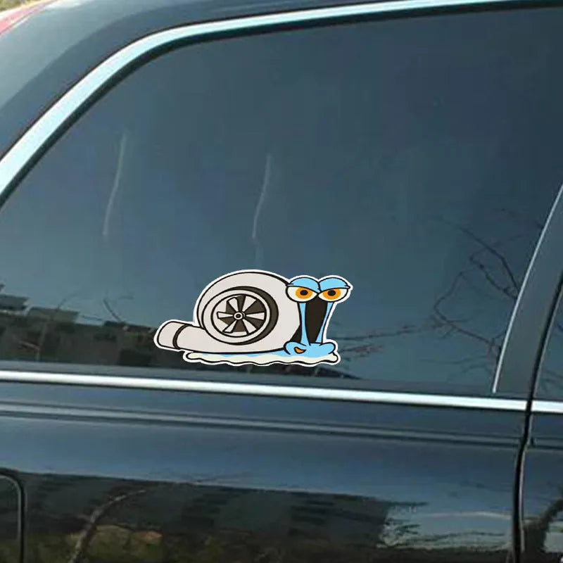 Cartoon snail design reflective sticker for car bumper, size 12cm by 8cm.
