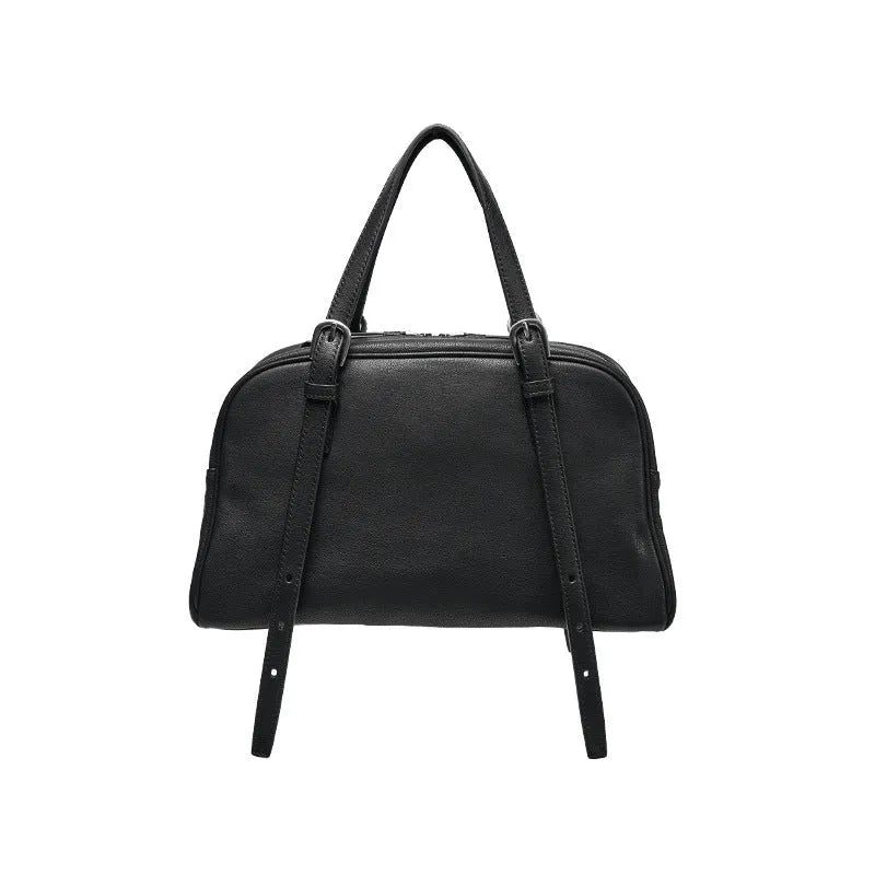 Women's retro genuine leather shoulder bag in horizontal square shape with double strap