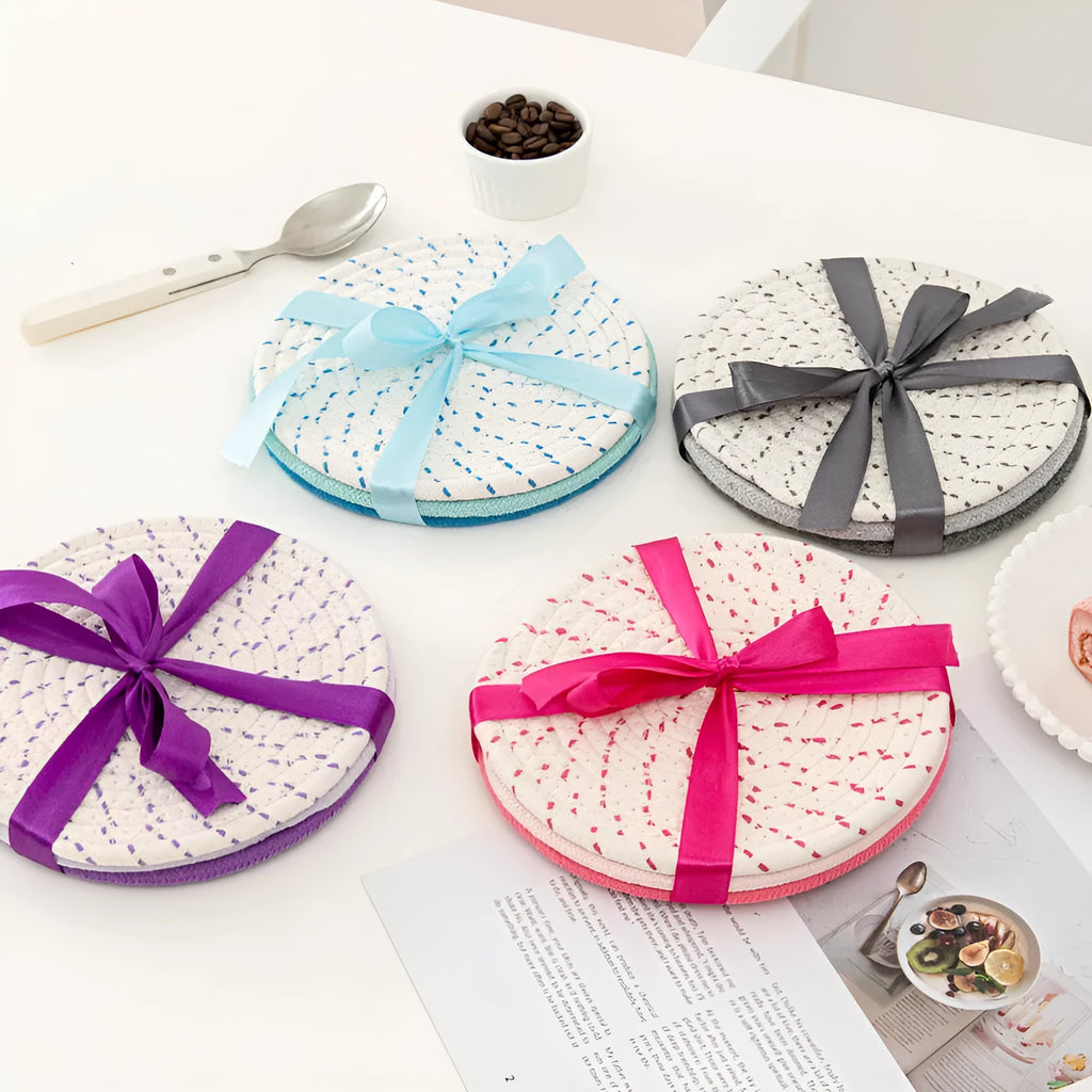 Three round cotton cord coasters in chosen colour with 18cm diameter measurement