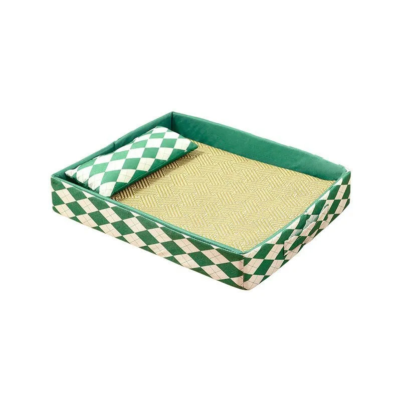 Blue rattan cat litter mat with bamboo frame serving as elevated cooling bed