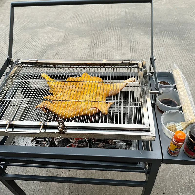 Large portable flip BBQ charcoal grill stove folded for transport with detachable components