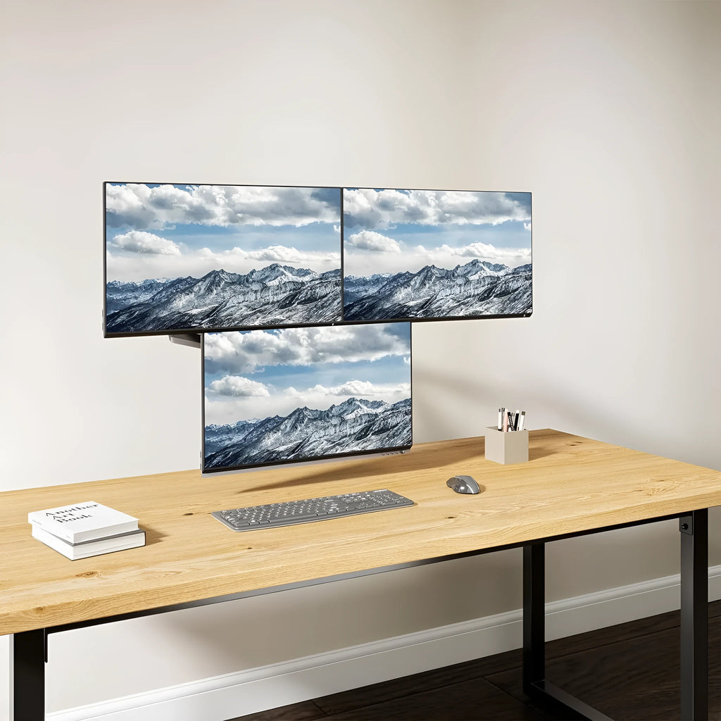 Black three-arm gas spring monitor mount for 27-inch computer screens with aluminium alloy construction