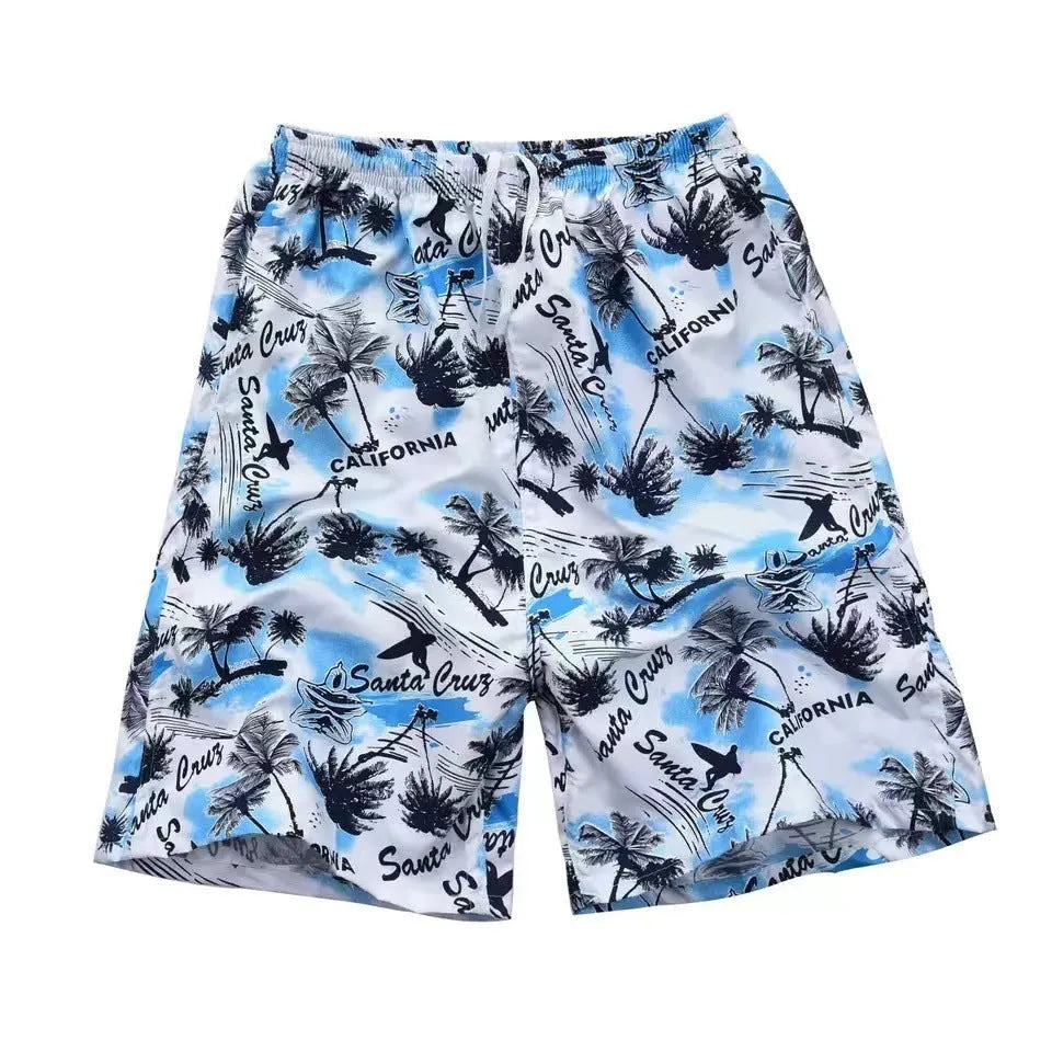 Men's floral print five-point swimming trunks in polyester fabric shown in one of twenty-four colour options