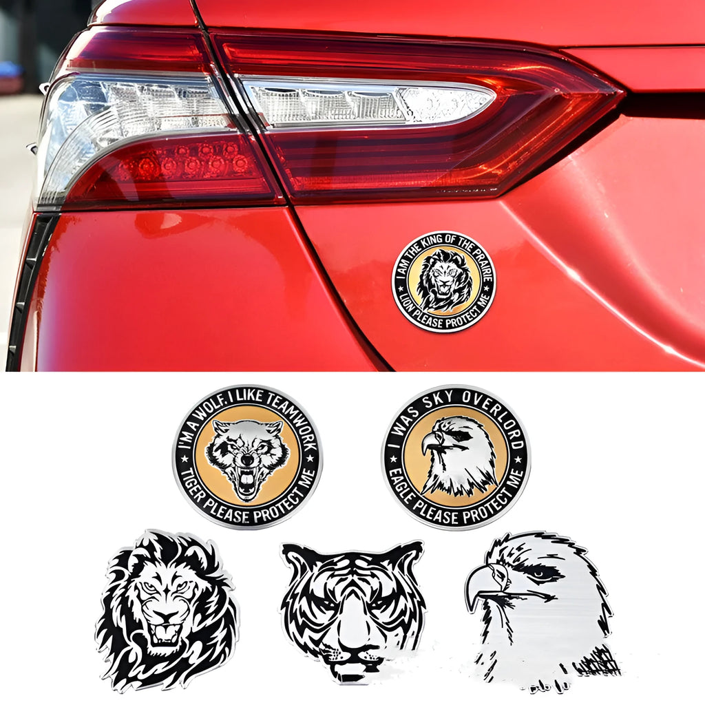 Aluminium car body sticker showing lion, eagle, wolf head, and tiger design options for vehicle exterior.