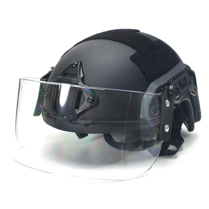 Transparent PC guide rail helmet mask with semi-rimless design measuring 30 by 15 cm