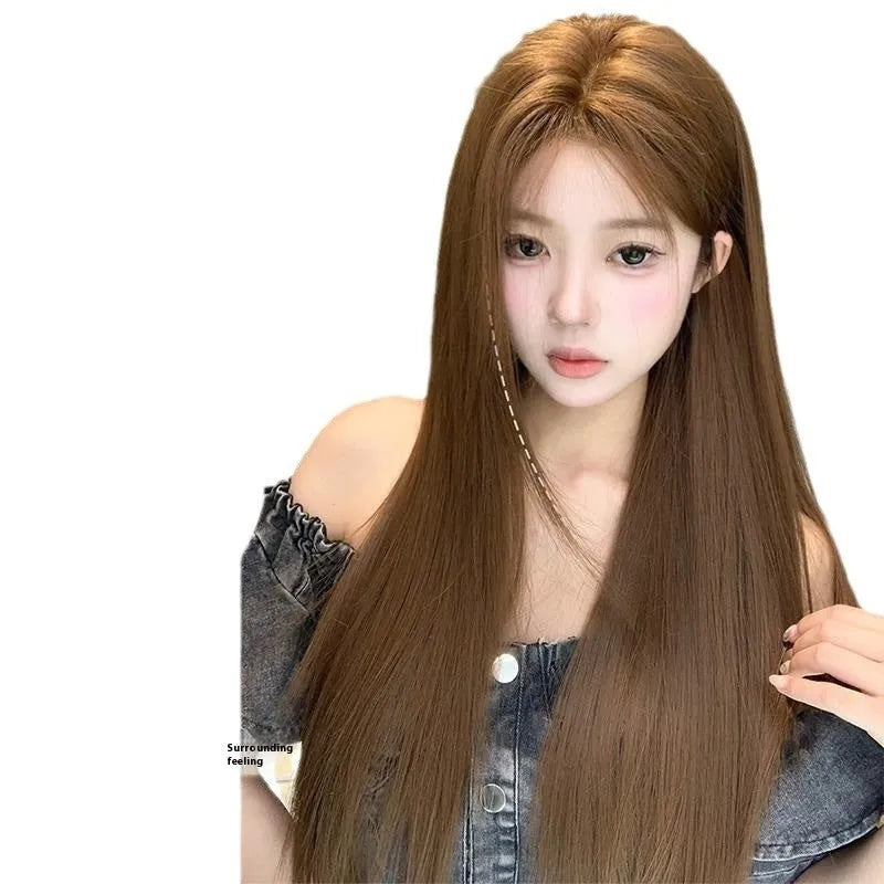 Warm brown lace front wig with long straight hair and centre-parted bangs.