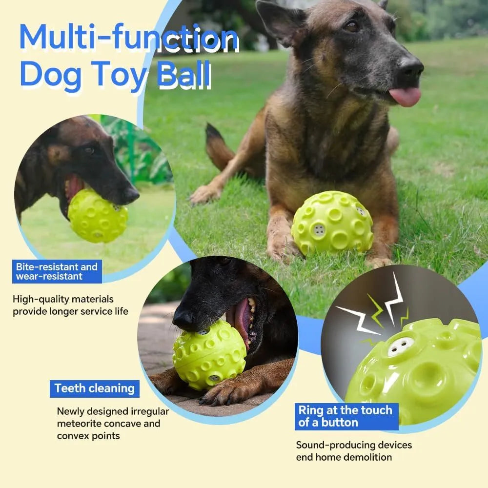 Durable natural rubber dog ball toy with squeaker and teeth-cleaning bumps for aggressive chewers