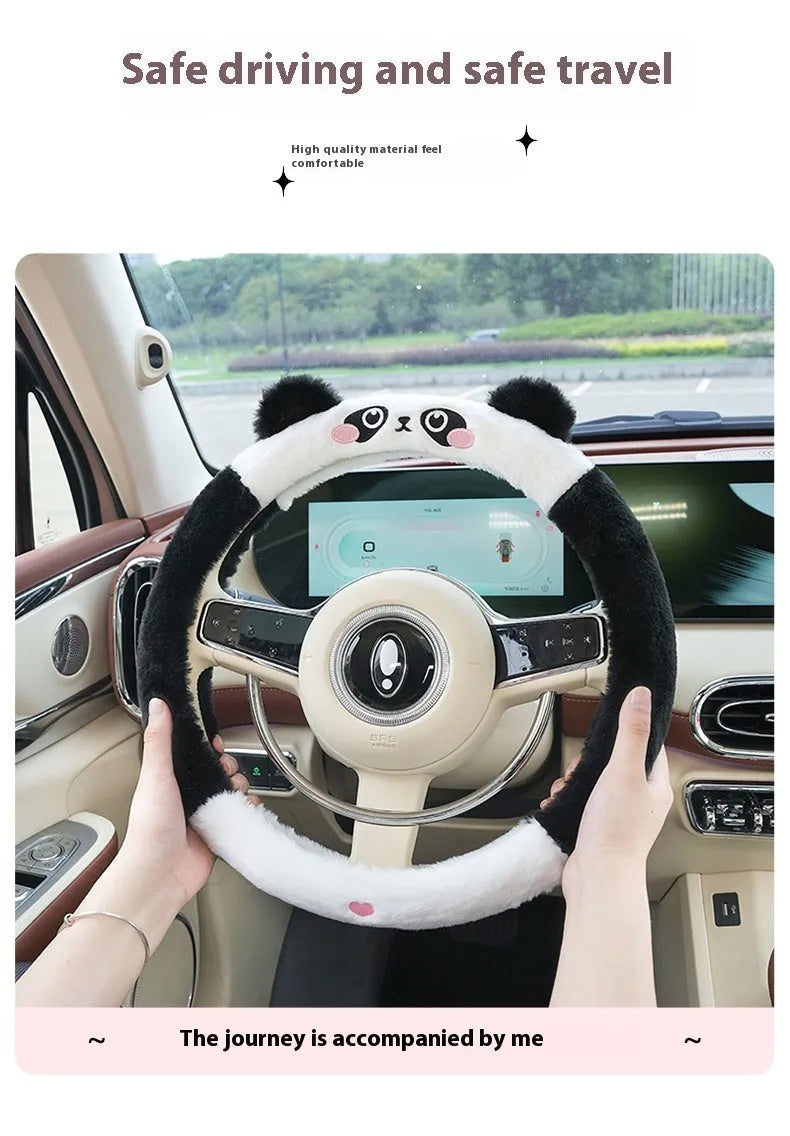 Plush rabbit fur steering wheel cover with cartoon embroidery in 38cm diameter for winter use