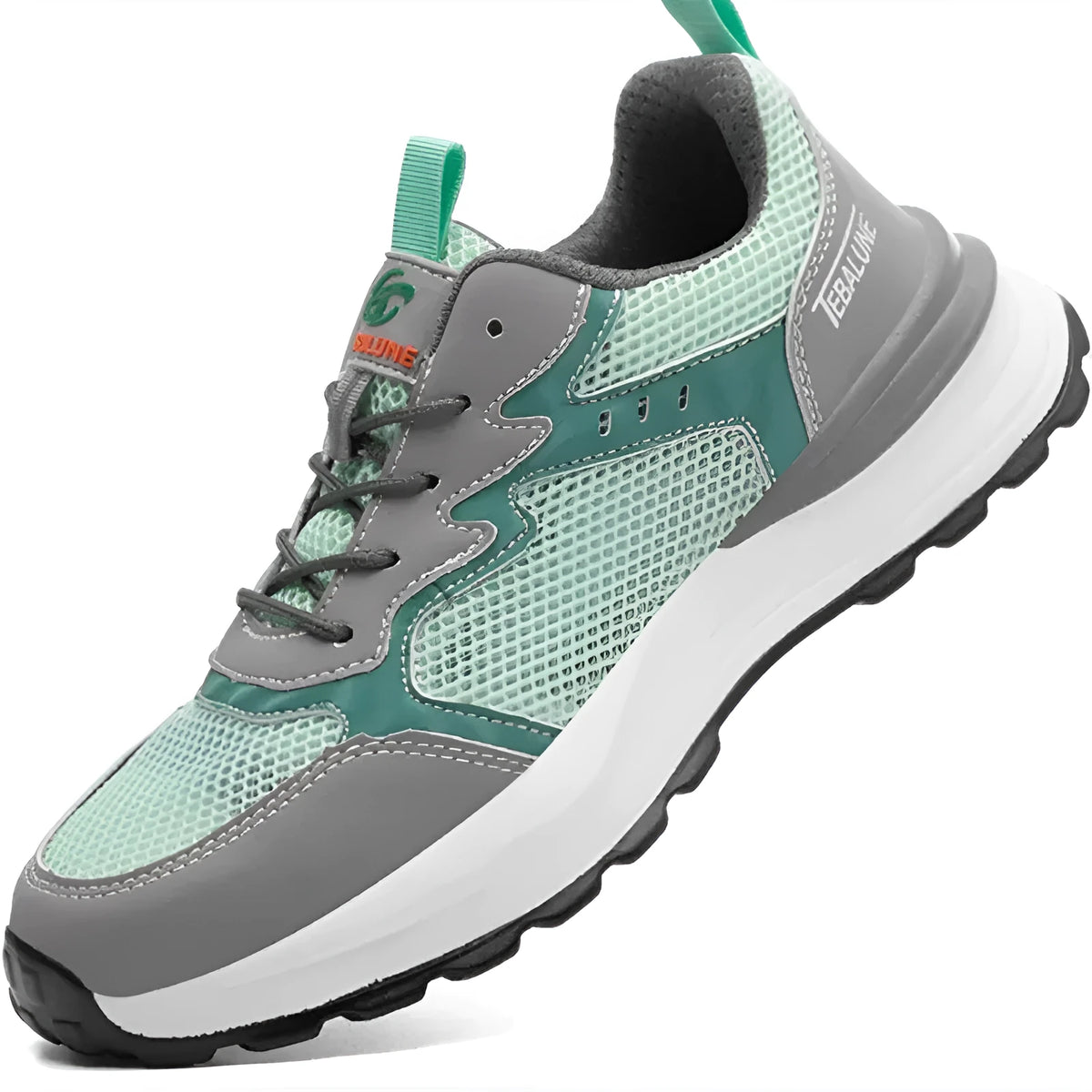 Green men's low-top safety work shoes with mesh panels and a plastic toe cap on a white background.