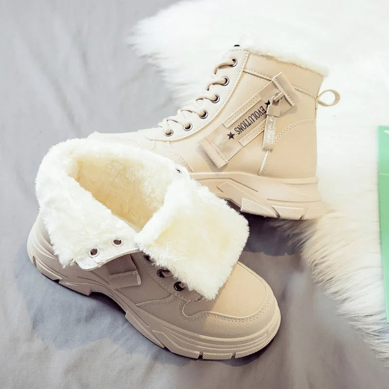 Women's plus size fleece-lined snow boots with tall upper crown and lace-up front