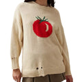 Beige milky white women's acrylic jacquard knit pullover sweater with round neck and long sleeves.