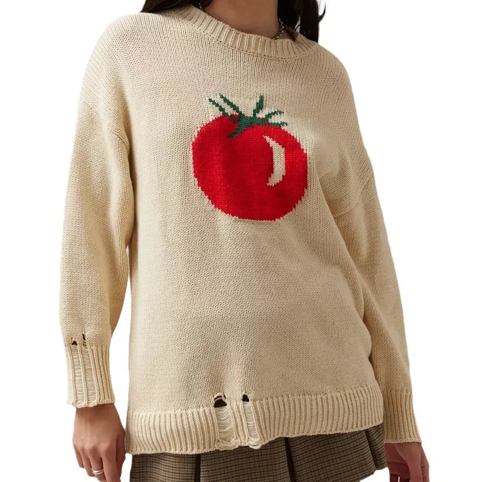 Beige milky white women's acrylic jacquard knit pullover sweater with round neck and long sleeves.