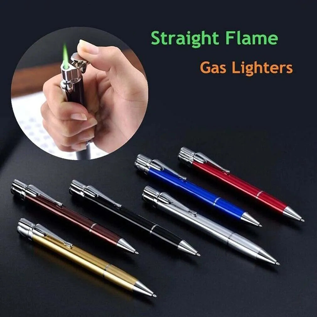 Slim metal windproof pen lighter with key chain in assorted colours