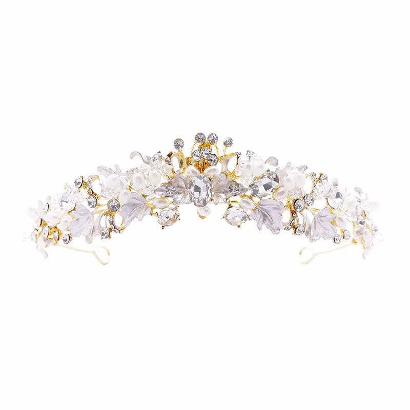 Gold or silver electroplated alloy pearl crown headdress women's hair accessory